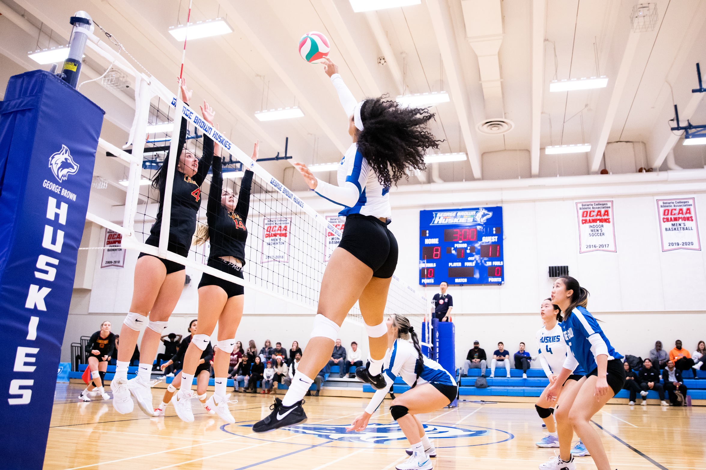 Huskies player spikes ball over Canadore blockers